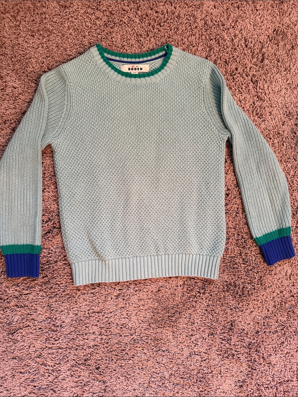 Mini Boden Mint Green Crewneck Sweater with Blue & Green Trim
